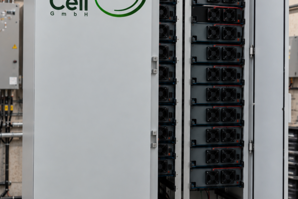 Batteriespeicher von Up-Cell mit 2nd-Life-Zellen in Betriebsraum